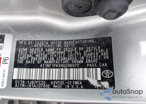 2017 Toyota Camry Le from USA, damaged, VIN 4T1BF1FKXHU396072